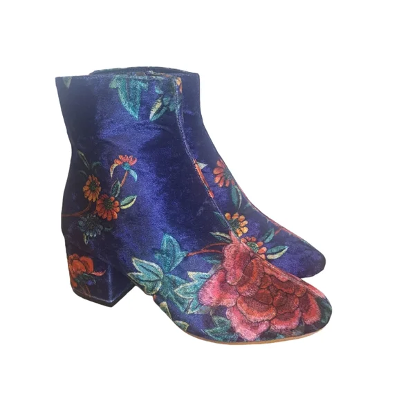 Floral Velveteen Fabric Booties Navy/Pink Women's Sz 37/6.5 Boho 60's Hippie - Picture 3 of 9